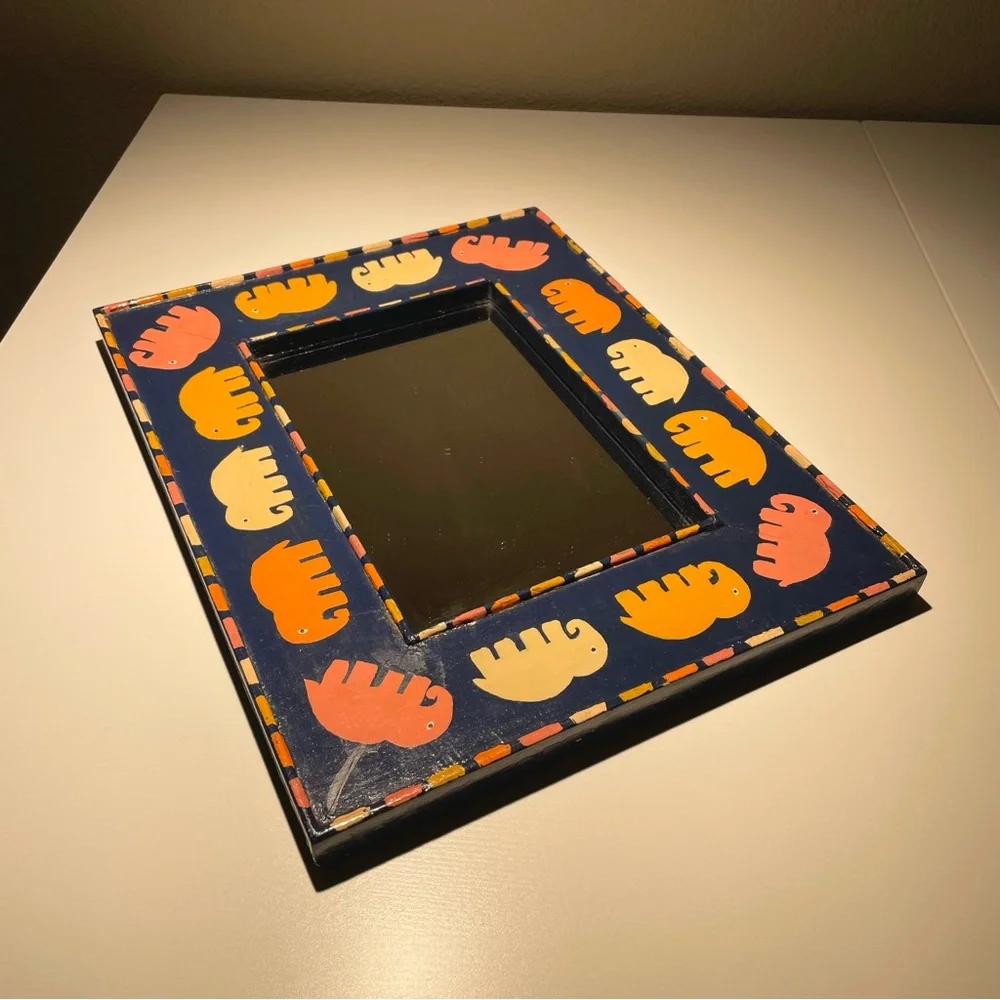 VTG Hand Painted Framed Rectangular Wall Mirror Elephant Motif Blue Orange